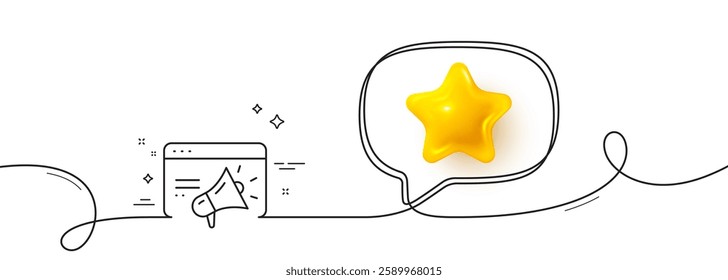 Seo marketing line icon. Continuous line with 3d star. Web targeting sign. Traffic management symbol. 3d star in speech bubble. Seo marketing single line ribbon. Loop curve pattern. Vector