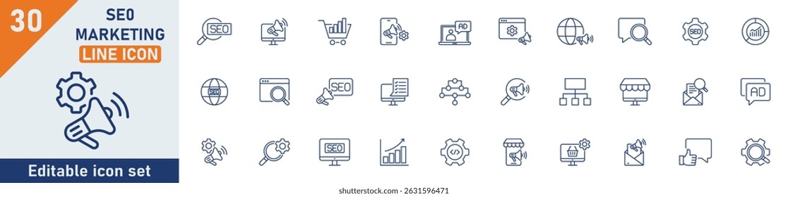 SEO and Marketing line icon set. Set of 30 outline icons related to SEO, marketing, advertising, online shopping, social media, target audience and others. Editable stroke. Vector illustration.