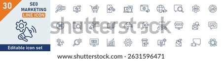 SEO and Marketing line icon set. Set of 30 outline icons related to SEO, marketing, advertising, online shopping, social media, target audience and others. Editable stroke. Vector illustration.