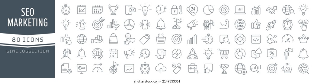 Seo and marketing line icons collection. Big UI icon set in a flat design. Thin outline icons pack. Vector illustration EPS10