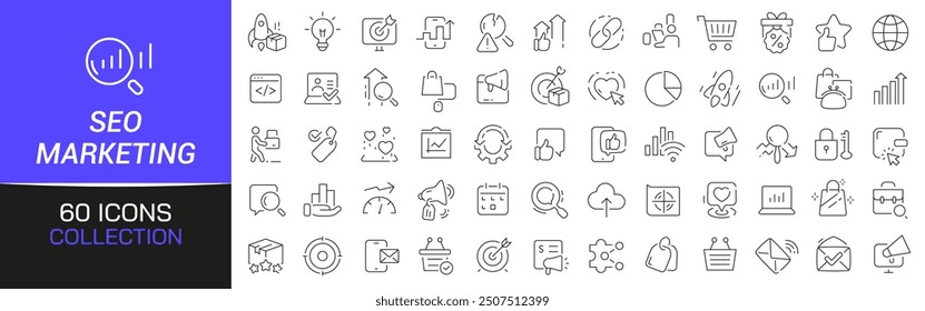 SEO and marketing line icons collection. Thin outline icons pack. UI icon collection. Set of line web pictogram