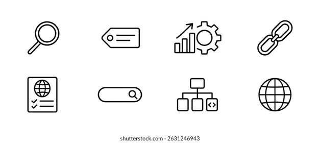Seo marketing linear icon set - web, search, and digital analytics symbols