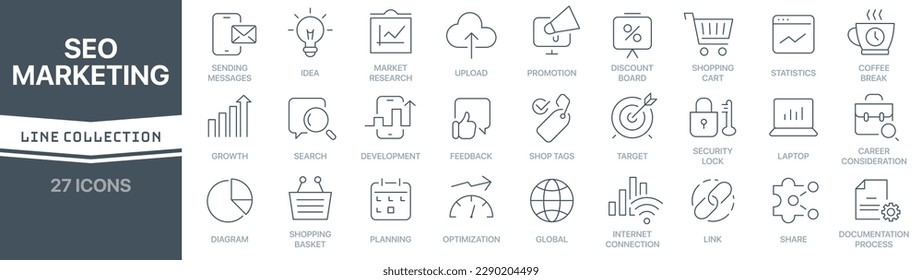 Colección de iconos de signo lineal Seo y marketing. Colección de iconos de línea delgada firmada. Conjunto de iconos de esquema simples de seo y marketing