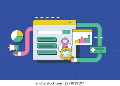 SEO marketing for local business, Local business listing on search engine result page - flat design outline vector illustration with icons