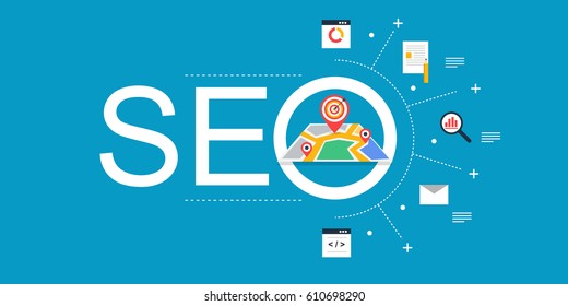 Seo marketing, map optimization, search optimization techniques flat vector concept with icons