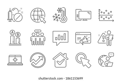 Seo Marketing, Medical Help And Employees Group Line Icons Set. Click Here, Medical Drugs And Internet Signs. Analytical Chat, Computer And Ab Testing Symbols. Dot Plot, Freezing And Audit. Vector