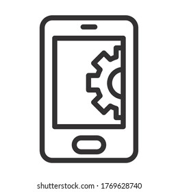 SEO and marketing online concept, smartphone with gear wheel icon over white background, line style, vector illustration