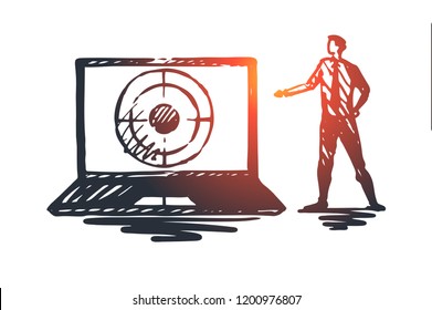 Seo, marketing, optimization, search, media concept. Hand drawn seo manager and laptop with target concept sketch. Isolated vector illustration.