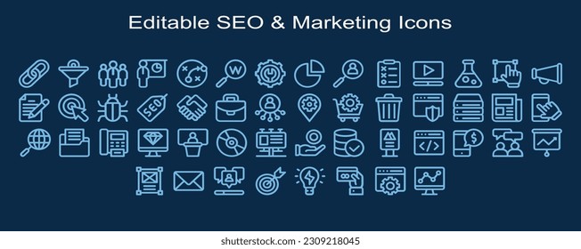 SEO And Marketing Outline web icons set - Search Engine Optimization. SEO and promotion line icons collection. Big UI icon set. Thin outline icons pack. Digital marketing seo icon set