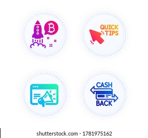 Seo marketing, Quick tips and Bitcoin project icons simple set. Button with halftone dots. Cashback card sign. Megaphone, Helpful tricks, Cryptocurrency startup. Money payment. Technology set. Vector