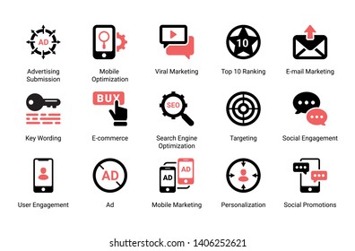 Seo and Marketing Related  glyph icons set. Silhouette symbols - Vector