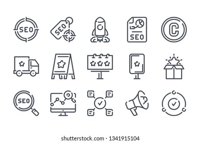 SEO and Marketing related line icon set. Search Engine Optimization and Launch of the Project linear icons. Advertising and Startup outline vector sign collection.