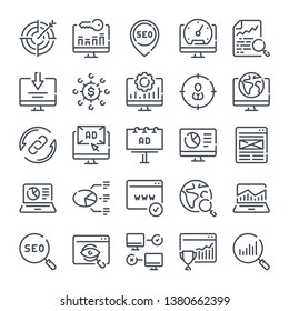 Seo And Marketing Related Line Icon Set. Search Engine Optimization Linear Icons. Data Organization And Development Outline Vector Sign Collection.