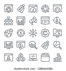 Seo and Marketing related line icon set. Data organization and Development linear icons. Search Engine Optimization outline vector sign collection.