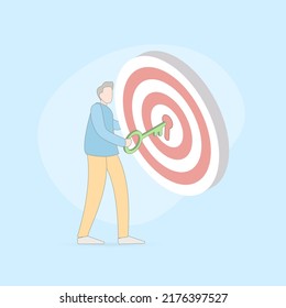 Seo Marketing - Search Engine Algorithms Optimization concept with SEO specialist who holds in his hands a key that is directed to keyhole in the center of the target. Digital Marketing Campaign icon