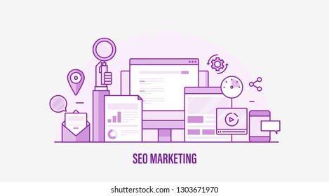 SEO Marketing, Search Engine Optimization, Strategy, Services, Business model flat line vector banner illustration