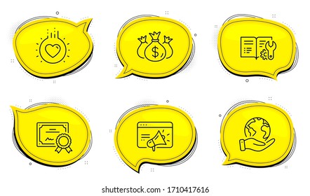 Seo marketing sign. Diploma certificate, save planet chat bubbles. Check investment, Love and Engineering documentation line icons set. Business report, Heart, Manual. Megaphone. Business set. Vector