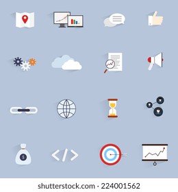 SEO marketing software optimisation analysis network icons flat set isolated vector illustration