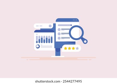 SEO-Marketing-Lösung, Suchmaschinen-Ranking-Analyse, SEO-Optimierung für SERP, Website-SEO-Checker - Vektorgrafik-Hintergrund mit Symbolen