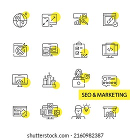 SEO and marketing strategies and tools. Pixel perfect, editable stroke line art icons set