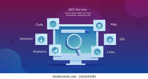 Estrategia de marketing SEO, los servicios SEO incluyen palabras clave, creación de enlaces, Analítica, concepto SEO de sitio web - Ilustración de página de aterrizaje vectorial de estilo 3d con iconos y textos
