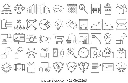 SEO and Marketing tin black outline Icons set. Contains such as Mail Marketing, people, cloud connections, Target Audience, Product Presentation and more. Vector EPS 10 ready convet to SVG. svg