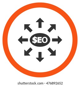 Seo Marketing vector bicolor rounded icon. Image style is a flat icon symbol inside a circle, orange and gray colors, white background.