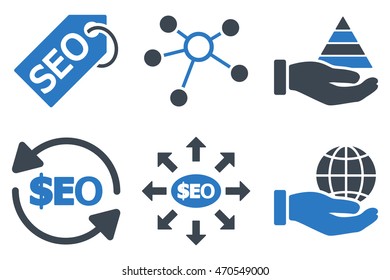 Seo Marketing vector icons. Icon style is bicolor smooth blue flat symbols with rounded angles on a white background.