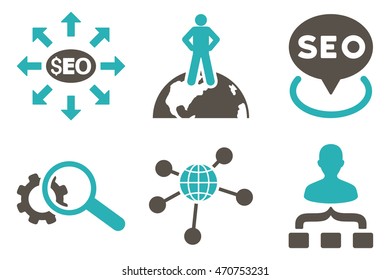 Seo Marketing vector icons. Pictogram style is bicolor grey and cyan flat icons with rounded angles on a white background.