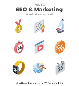 SEO and Marketing. Vector isometric, color web icons, 3d flat style. Creative illustrations design, graphic idea for infographics.