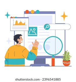 SEO Meisterschaft in Aktion. Begeisterter Mann analysiert Website-Daten, optimiert für Top-Suchergebnisse. Graph-Einblicke, Content-Visualisierung, strategische Navigation. Flache Vektorgrafik