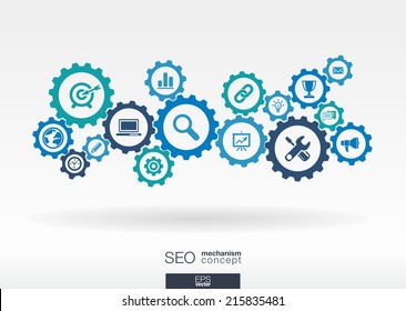 SEO mechanism concept. Abstract background with integrated gears and icons for digital, internet, network, connect, analytics, social media and global concepts. Vector infographic illustration. 