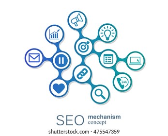 SEO mechanism concept. Abstract background with integrated gears and icons for strategy, digital, internet, network, connect, analytics, social media and global concepts.