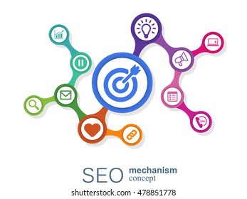 SEO mechanism concept. Abstract background with integrated gears and icons for strategy, digital, internet, network, connect, analytics, social media and global concepts.