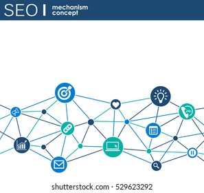 SEO mechanism concept. Abstract background with integrated gears and icons for strategy, digital, internet, network, connect, analytics, social media and global concepts.