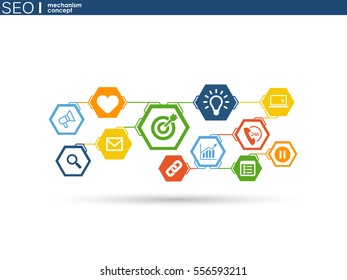 SEO mechanism concept. Abstract background with integrated gears and icons for strategy, digital, internet, network, connect, analytics, social media and global concepts.