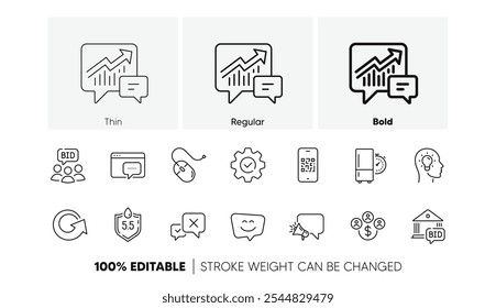 Seo mensagem, moeda de compra e ícones de linha de código Qr. ícone Pacote de Leilões, Rejeitar, Recarregar. Rosto sorridente, Temporizador de geladeira, Pictograma neutro Ph. Megafone, cabeça de ideia, oferta de licitação. Ícones de linha. Vetor