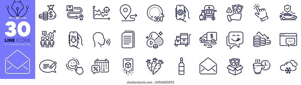 Seo message, Coffee break and Fraud line icons pack. App settings, Discounts calendar, Message web icon. Transport insurance, Seo analysis, 360 degrees pictogram. Copy files, Human sing. Vector