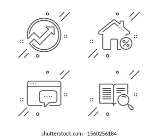 Seo message, Loan house and Audit line icons set. Search text sign. Support chat, Discount percent, Arrow graph. Open book. Technology set. Line seo message outline icon. Vector