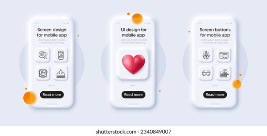 Seo message, Paint and Eyeglasses line icons pack. 3d phone mockups with heart. Glass smartphone screen. Search, Skin condition, Waterproof web icon. Startup, Graph phone pictogram. Vector