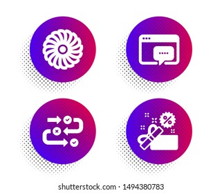 Seo message, Survey progress and Fan engine icons simple set. Halftone dots button. Sale sign. Support chat, Algorithm, Ventilator. Gift box. Business set. Classic flat seo message icon. Vector