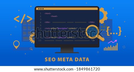 SEO Meta Data, HTTP Website Header Tag Optimization. Search engine optimization title tags and seo meta data description elements. Horizontal vector banner illustration for header with hypertext code