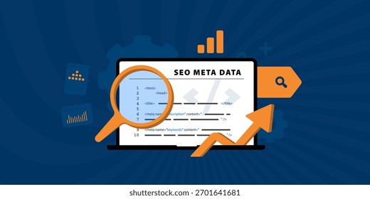 Conceito de otimização de meta tag SEO. Estrutura de metadados do cabeçalho do site, melhoria na classificação do mecanismo de pesquisa. Aprimoramento da visibilidade do conteúdo de metadados para ilustração de desempenho de marketing digital de seo