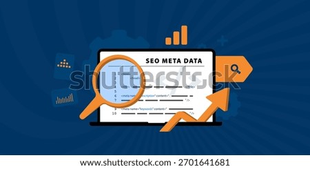 SEO meta tag optimization concept. Website header metadata structure, search engine ranking improvement. Meta data content visibility enhancement for seo digital marketing performance illustration