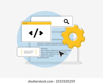 SEO metadata optimization tools vector illustration with coding symbols, gear icons and analytics. Seo meta tags, keywords, search rankings, web development and digital marketing flat design concept