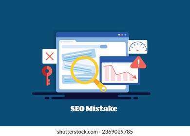 SEO mistakes concept, Failed digital marketing strategies, Website loosing ranking, website lost traffic - vector illustration background with icons