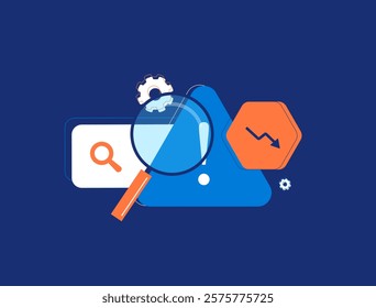 SEO mistakes with magnifying glass warning triangle and falling graph. Search optimization errors ranking drop digital marketing problems troubleshooting concepts. Analyzing seo issues illustration