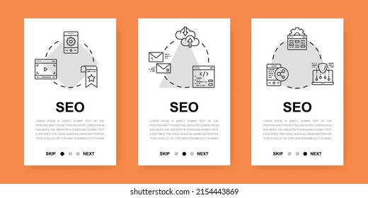 SEO mobile app screens. Bookmark, Hosting, Hyperlink, Advertisement, Data Transfer vertical banners for website development.