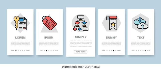 SEO mobile app screens set. Bookmark, Hosting, Hyperlink, Advertisement, Data Transfer vertical banners with color web icons.