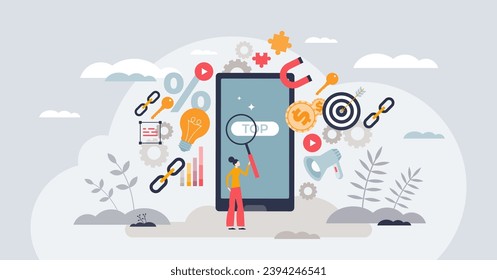 SEO and mobile optimization for marketing efficiency tiny person concept. Business page search engine analytics with top keywords and sales data research vector illustration. Ads performance boost.